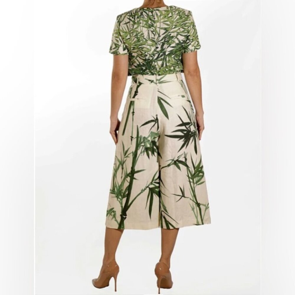 Massimo Dutti Top Women's Size 10 US Tan Linen Tropical Print Short Sleeve Crop - Picture 10 of 13
